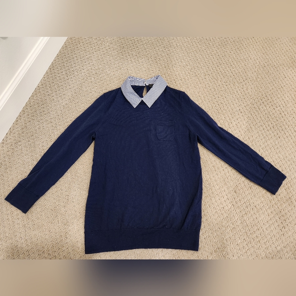 J.Crew Womens Navy Striped Shirt Collar Sweater, Size M, 3/4 Sleeves